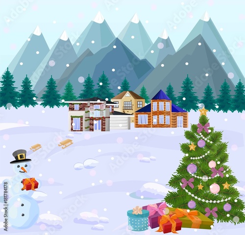 Mountains view in Winter Holidays. Little houses, Christmas tree and snowman. Snowy backgrounds