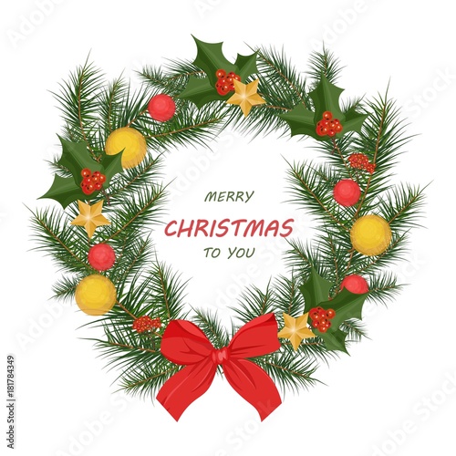 Christmas wreath card Vector illustration background. Happy holidays festive designs