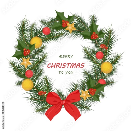 Christmas wreath card Vector illustration background. Happy holidays festive ...