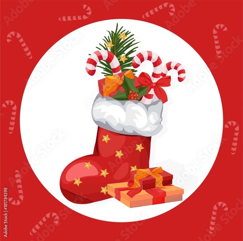 Christmas socks Vector. Happy holidays icon red santa sock and present