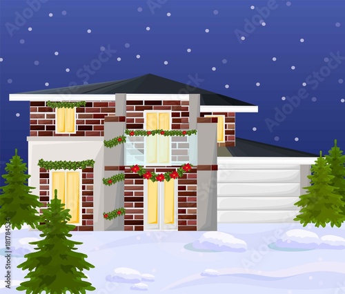 Modern House during winter Holidays. facade architecture vectors
