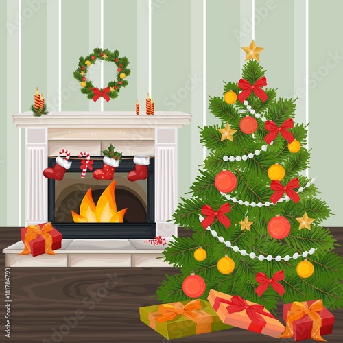 Classic fireplace chimney and Christmas tree Vector realistic