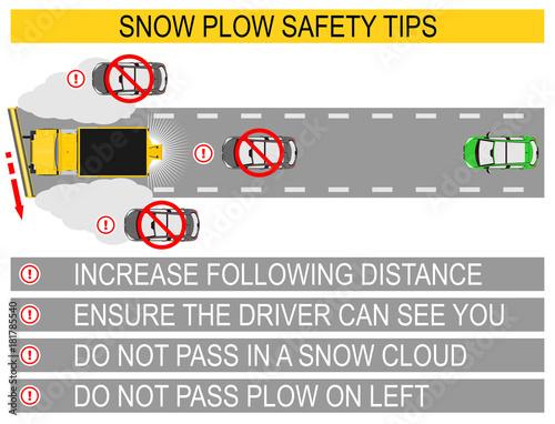 Snow plow safety tips. Flat vector.