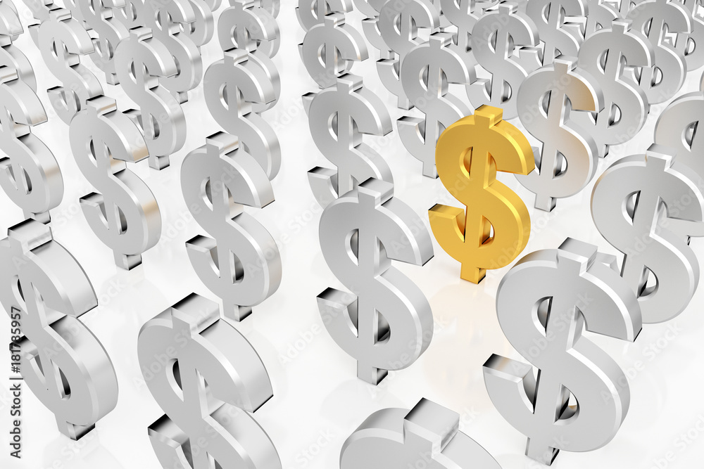Golden dollar sign in the midst of silver dollar signs. 3D rendering. Golden dollar sign in the midst of silver dollar signs. 3D rendering.