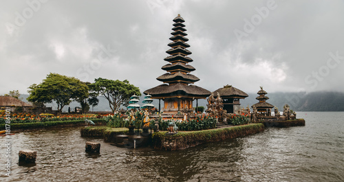Ulun Danu Bratan (Pura Ulu Danau) temple. Famous place, national landmark of Bali, Indonesia. Panoramic