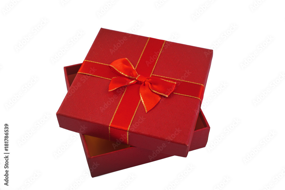 Open red gift box with ribbon isolated on white background Open red gift box with ribbon isolated on white background