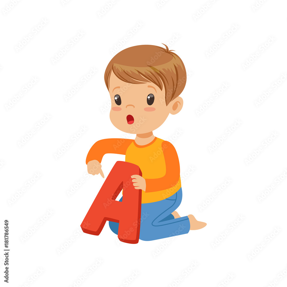 Little boy learning correct pronunciation of letter A. Fun educational game. Colorful cartoon kid character in flat style