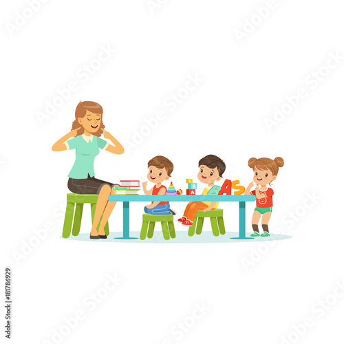 Kindergarten group of little kids, boys and girl doing exercises for development of speech with woman therapist. Flat design characters
