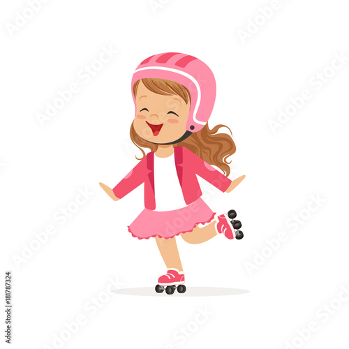 Cheerful little girl in pink wear and protection helmet skate on rollers. Flat vector kid character