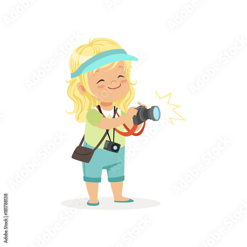 Cartoon flat preschool girl standing with digital photo camera in hands. Photographer or reporter profession concept