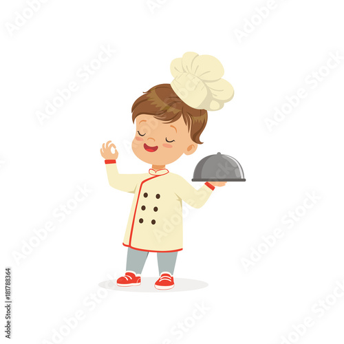 Cartoon character of boy in chef uniform and hat. Kid dream of becoming chef cooker. Isolated flat vector illustration