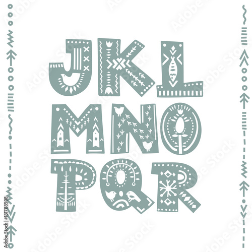 Vector set of bold letters decorated with nordic folk ornaments. Letters J, K, L, M, N, O, P, Q, R. Display font.