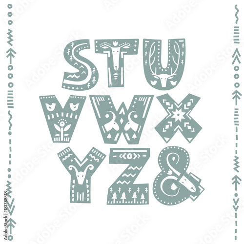 Vector set of bold letters decorated with nordic folk ornaments. Letters S, T, U, V, W, X, Y, Z, &. Display font.