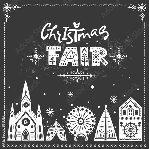 Vector lettering "Christmas Fair." White letters with folk patterns and fairy-tale winter city. For flyers, trendy posters, invitations.