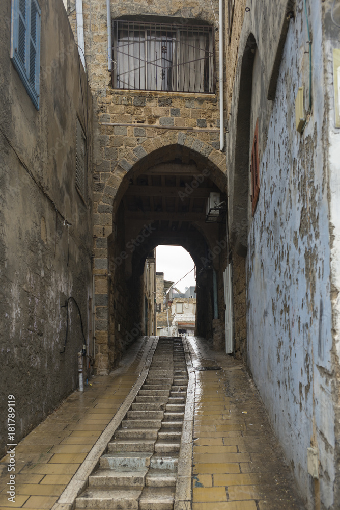 Steps at narrow street, Acre, Israel