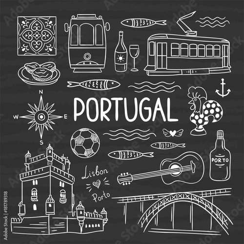 Portugal illustration vector set. Hand drawn travel symbols of Portugal, Lisbon and Porto