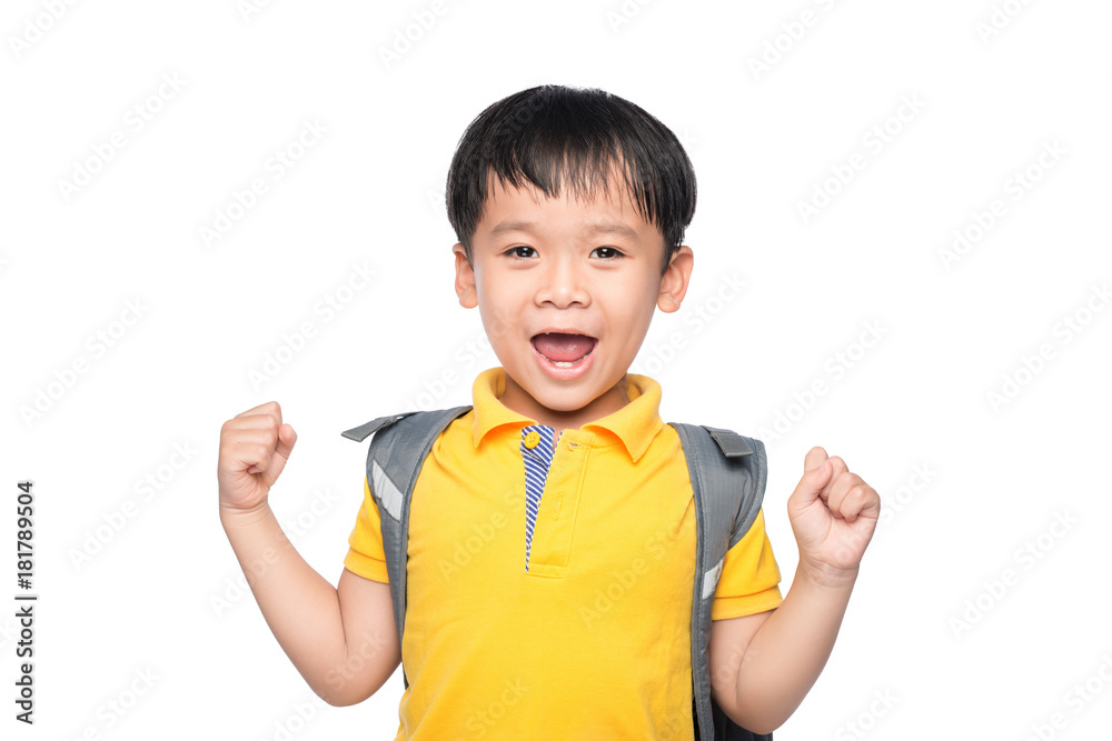 Young asian boy smile gesture hands ready to school Young asian boy smile gesture hands ready to school