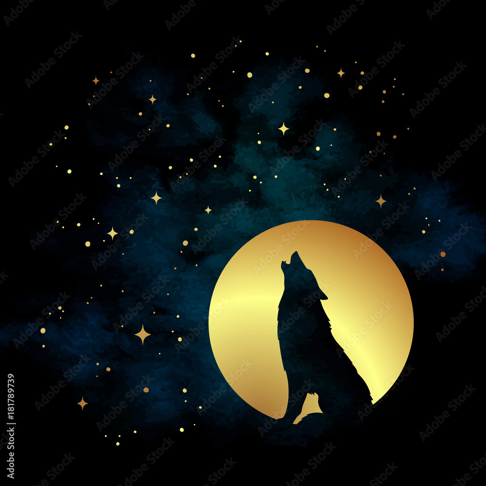 Fototapeta premium Sylwetka wilka wycie na ilustracji wektorowych księżyc w pełni. Pogański totem, wiccanowska sztuka chowańca