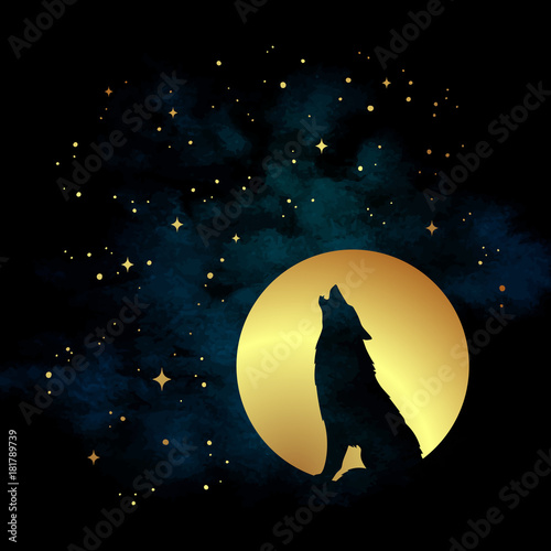 Silhouette of wolf howling at the full moon vector illustration. Pagan totem, wiccan familiar spirit art