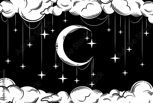 Month with the stars in the sky at night, surrounded by clouds