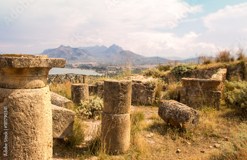 Ancient ruins of an Roman village on top of a little mountain in the northwest of Sicily photo