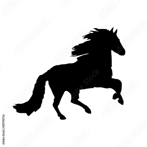 Silhouette of a black horse running on white background 