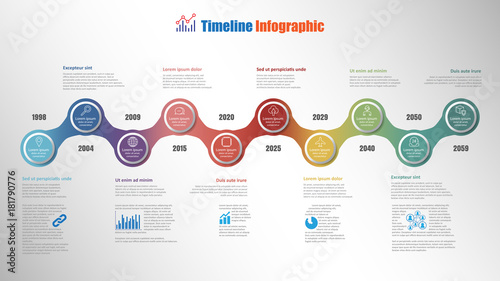 Modern timeline infographic with 10 steps circle designed for template brochure diagram planning presentation process webpages workflow. Vector illustration