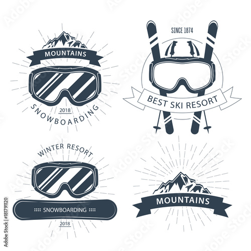 Ski resort emblem and lebels with goggles, mountains - winter sports