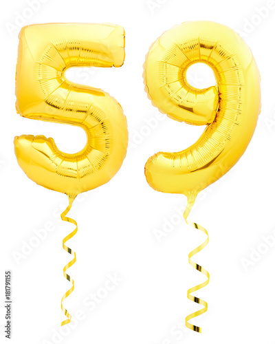 Golden number fifty nine 59 made of inflatable balloon with ribbon on white photo