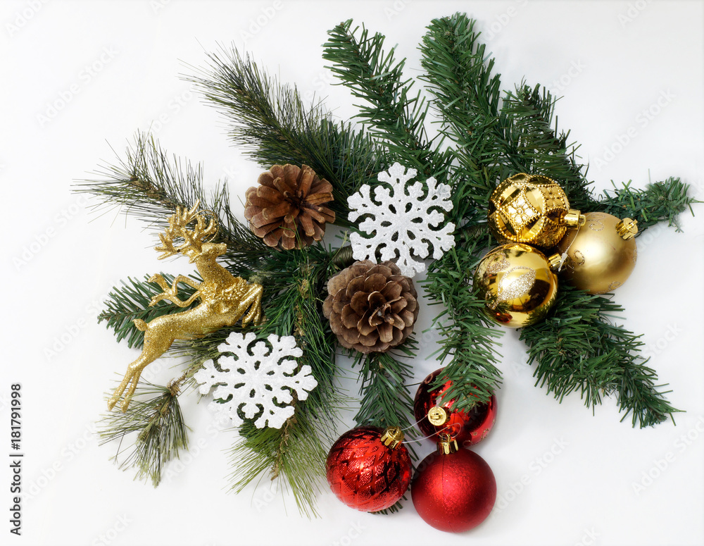 Christmas composition with fir tree, cones, balls and snowflakes. Christmas composition with fir tree, cones, balls and snowflakes.