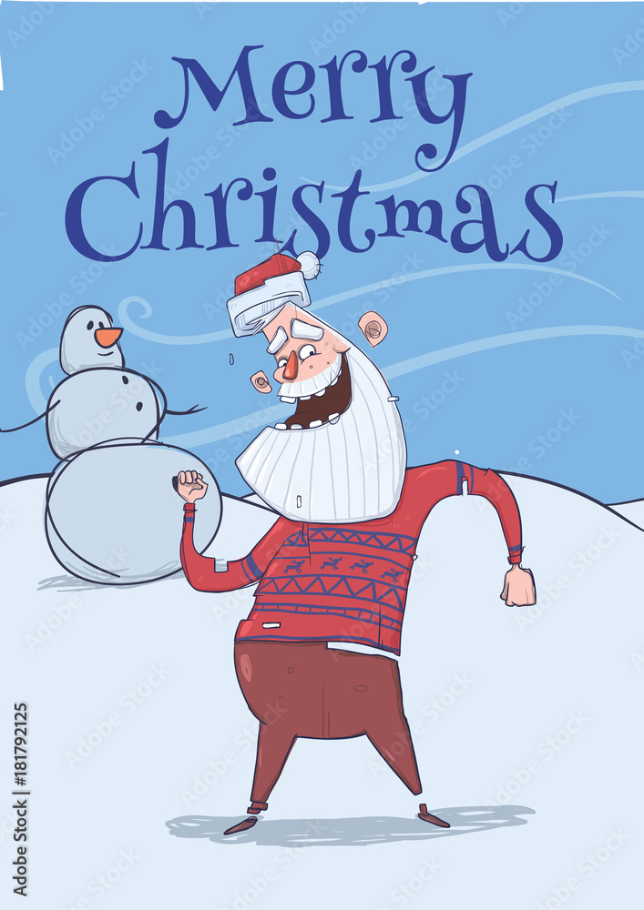 Christmas card with funny smiling Santa Claus in deer sweater dancing next  to snowman in frosty windy weather. Vertical vector illustration. Cartoon  character with lettering. Copy space. Stock Vector | Adobe Stock