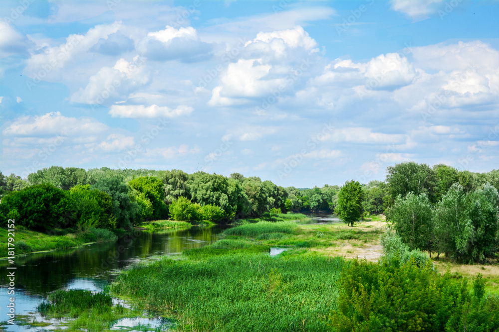 Landscape - view of the river and trees, blue sky with clouds.