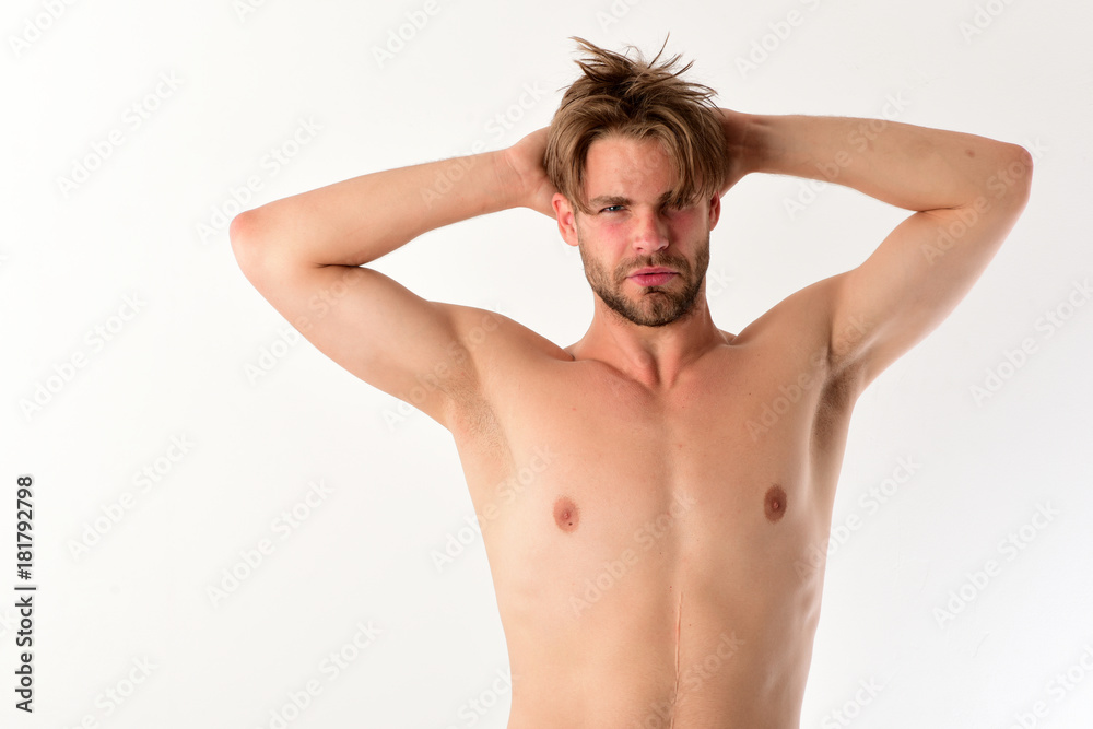 Man with satisfied face and bristle isolated on white background Man with satisfied face and bristle isolated on white background
