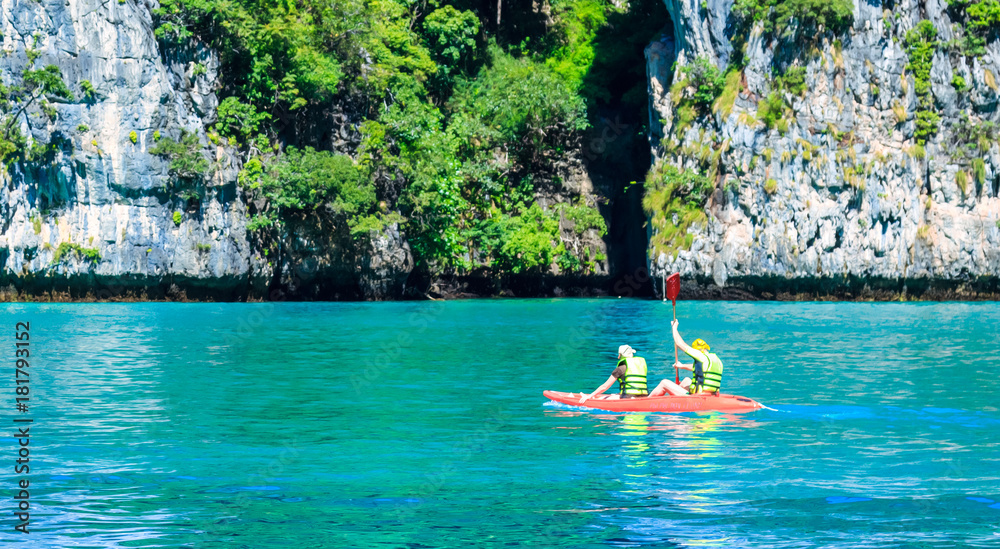 Kayak boat in MAYA Bay Phi Phi Islands Andaman sea Krabi Thailand.