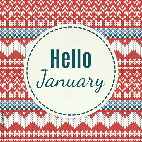 Hello January lettering on knitted background