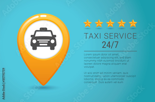 Taxi service banner. Yellow taxi icon. Yellow Map pin with taxi car sign on blue background.