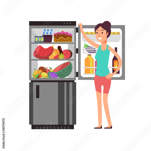 Woman thinking snacking at fridge with unhealthy food. People eating at night diet vector concept