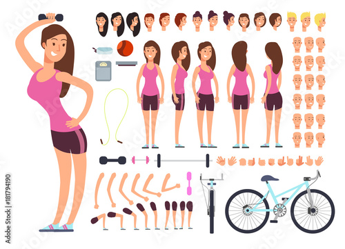 Young fitness female, sportswoman. Vector creation constuctor with big set of woman body parts and sport equipment