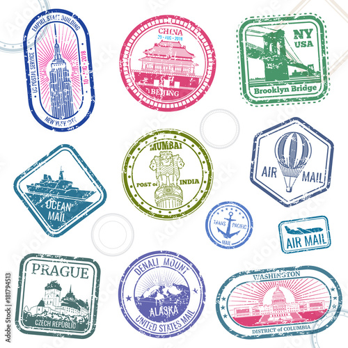 Vintage passport travel vector stamps with international symbols and famous trademark