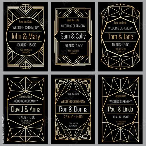 Modern abstract vector backgrounds in art deco style. Classy wedding invitations with geometric frame