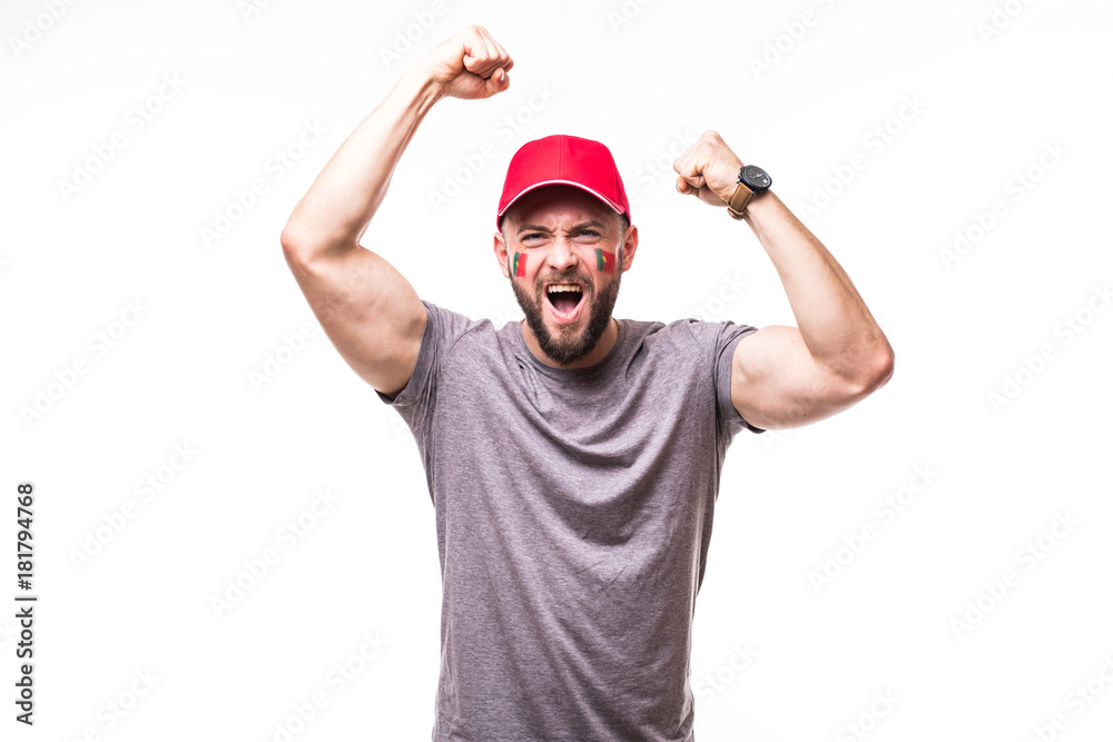 Portugal win. Victory, happy and goal scream emotions of Portugal football fan in game support of Portugal national team on white background. Football fans concept. Portugal win. Victory, happy and goal scream emotions of Portugal football fan in game support of Portugal national team on white background. Football fans concept.