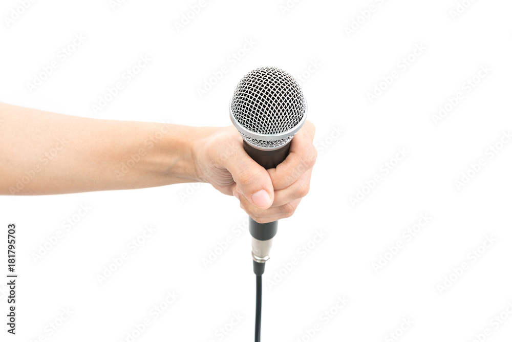 Obraz premium Hand with microphone isolated on white background