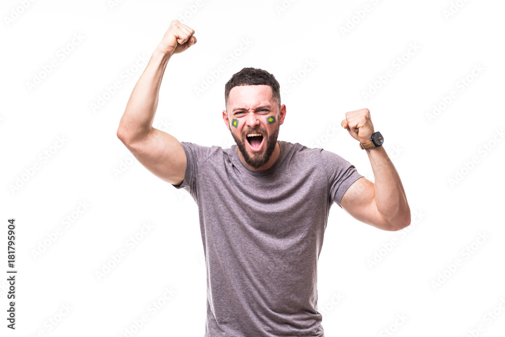 Brazil win. Victory, happy and goal scream emotions of Brazil football fan in game support of Brazil national team on white background. Football fans concept. Brazil win. Victory, happy and goal scream emotions of Brazil football fan in game support of Brazil national team on white background. Football fans concept.