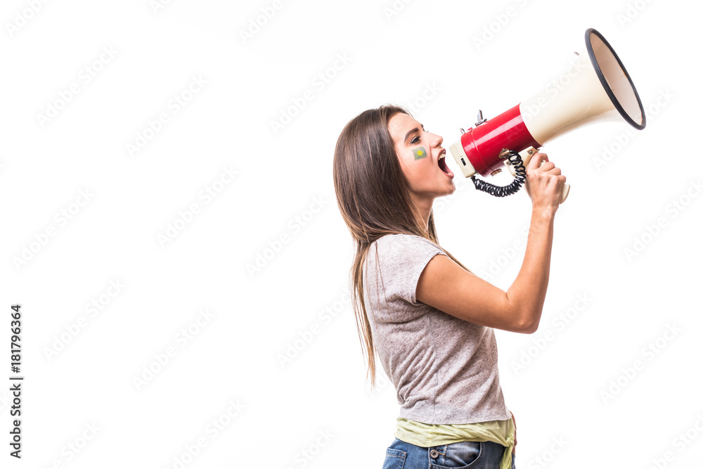 Scream on megaphone Brazil football fan in game supporting of Brazil national team on white background. Football fans concept. Scream on megaphone Brazil football fan in game supporting of Brazil national team on white background. Football fans concept.