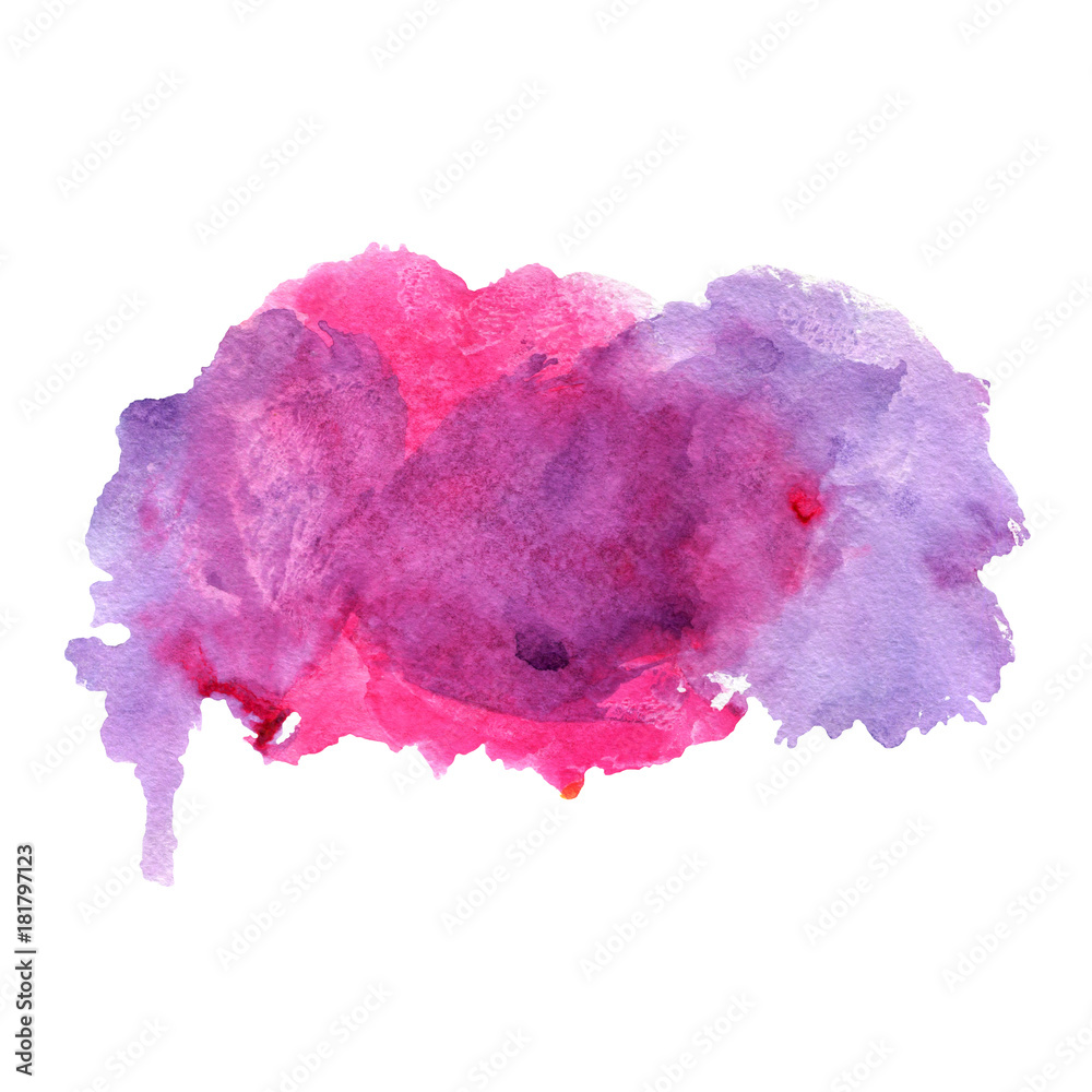 Watercolor purple and pink stain with blots, paper texture, isolated on a white background