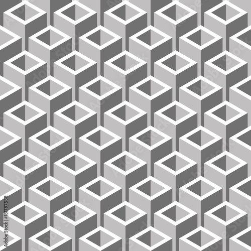 Abstract vector seamless pattern with 3D cubes on simple background. Illustration of gray solid figures. Color image with geometric squares. Hipster filing. Beautiful composition. Cute print.