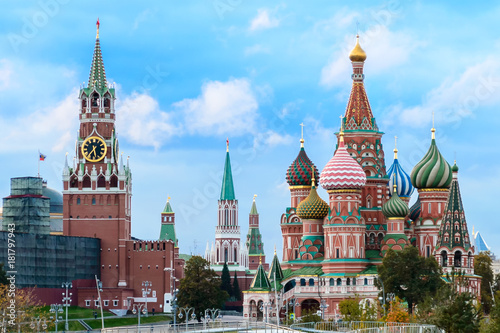 Fototapeta Naklejka Na Ścianę i Meble -  The Kremlin, Spasskaya tower and St. Basil's Cathedral