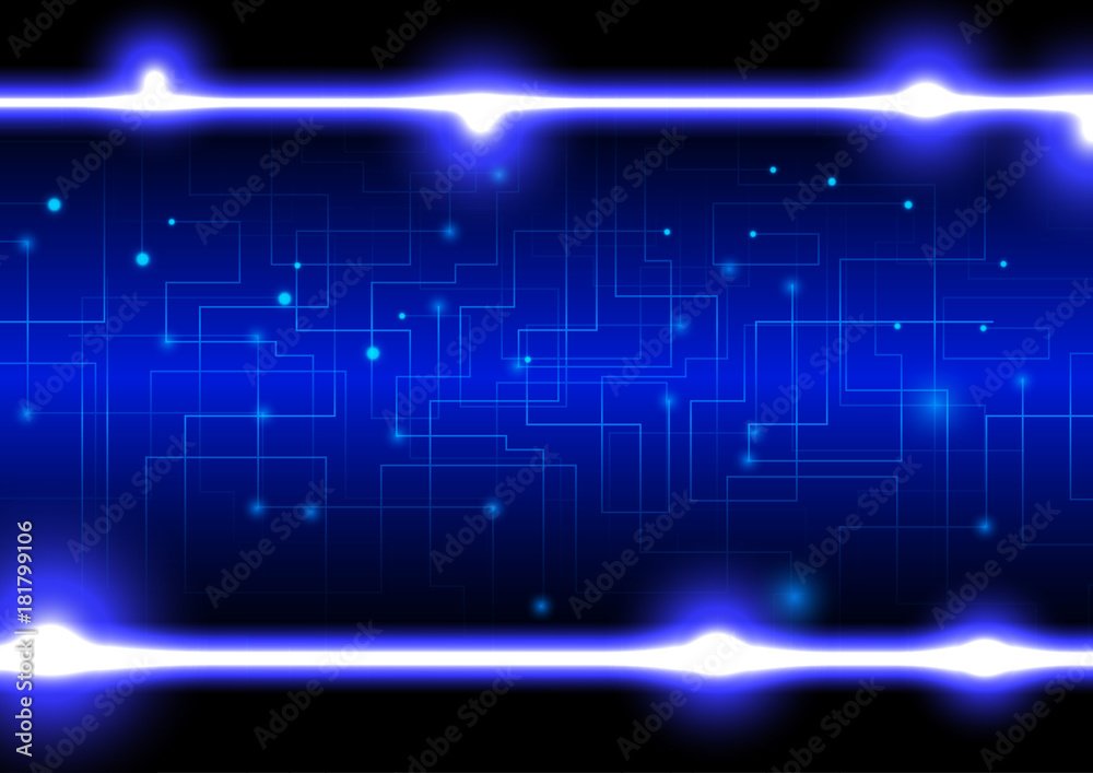 Two horizontal light beams on blue circuits background