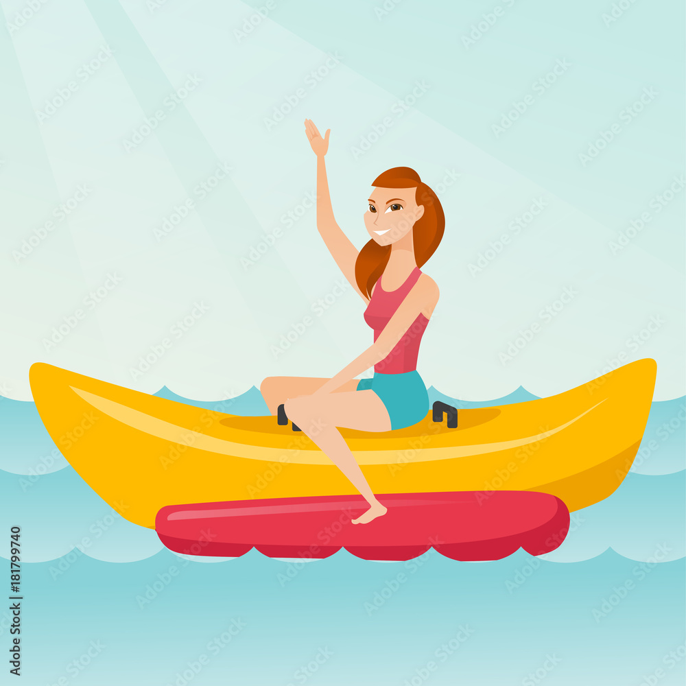 Young caucasian white woman riding a banana boat and waving hand. Cheerful woman having fun on a banana boat in the sea. Woman enjoying summer vacation. Vector cartoon illustration. Square layout.