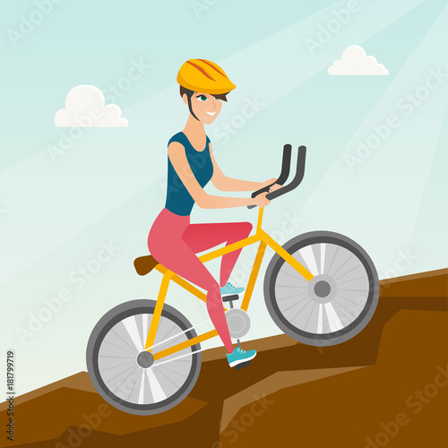 Young happy caucasian white traveler woman in helmet riding a mountain bike in the mountains. Vector cartoon illustration. Square layout.